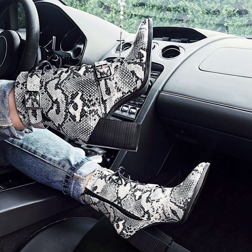 Wild Diva Black and White Snake Print Ankle Boots